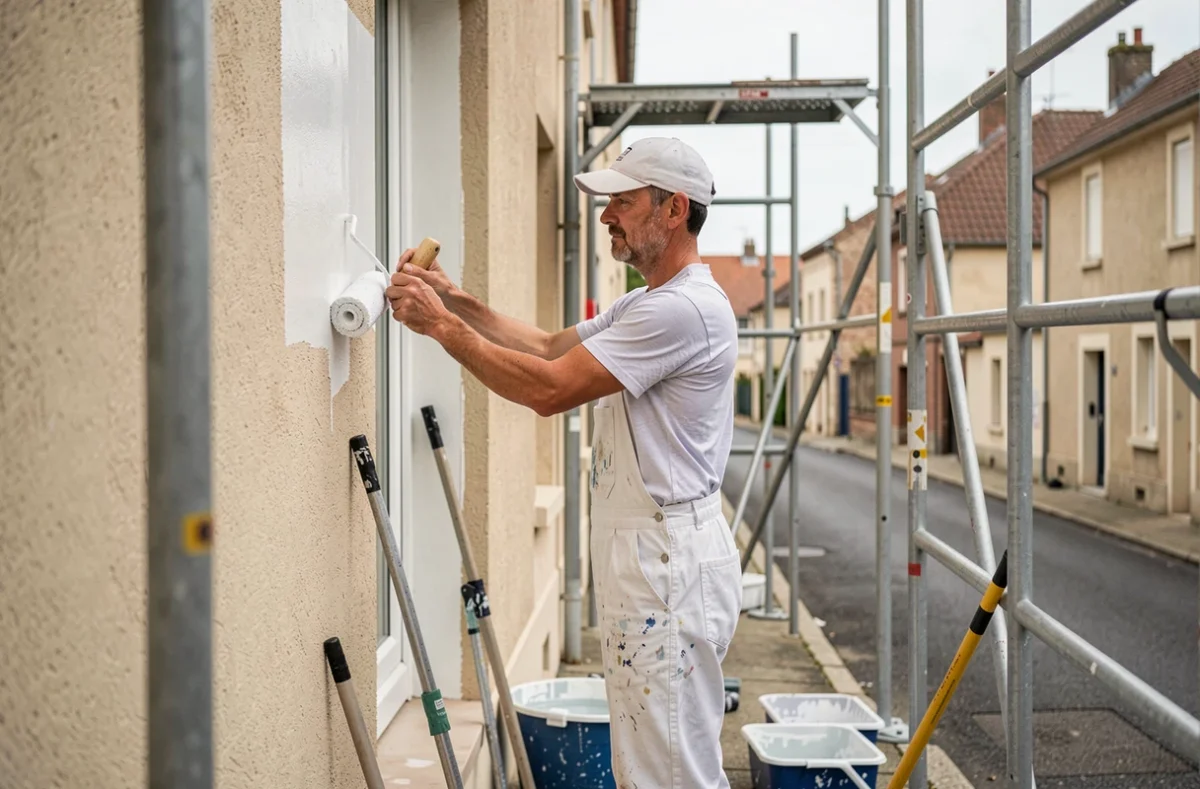 Peintre en bâtiment au travail sur une façade résidentielle dans le secteur de Beauvais