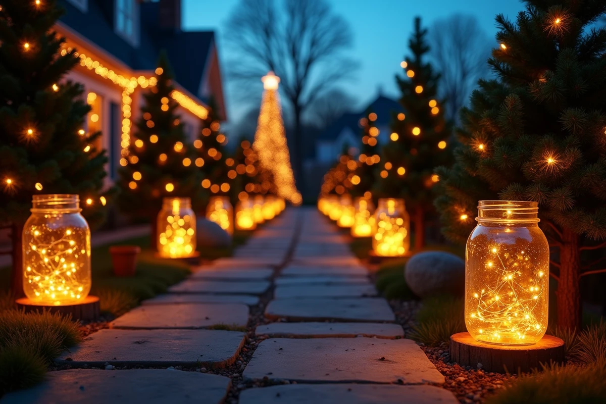 Allée de jardin illuminée au crépuscule avec des bocaux en verre garnis de guirlandes lumineuses et des sapins décorés pour Noël