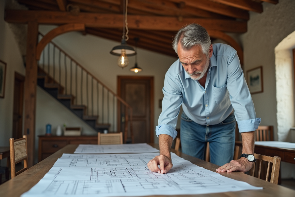 Architecte homme examine plans dans maison chaleureuse