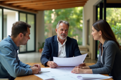 Architecte en discussion avec un couple dans une extension moderne