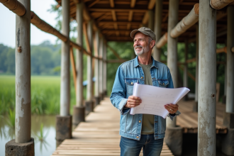 Architecte souriant avec plans devant maison sur pilotis