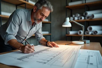 Architecte étudiant un plan technique de garde-corps conforme à la norme NF P01-012 sur une table à dessin en bois