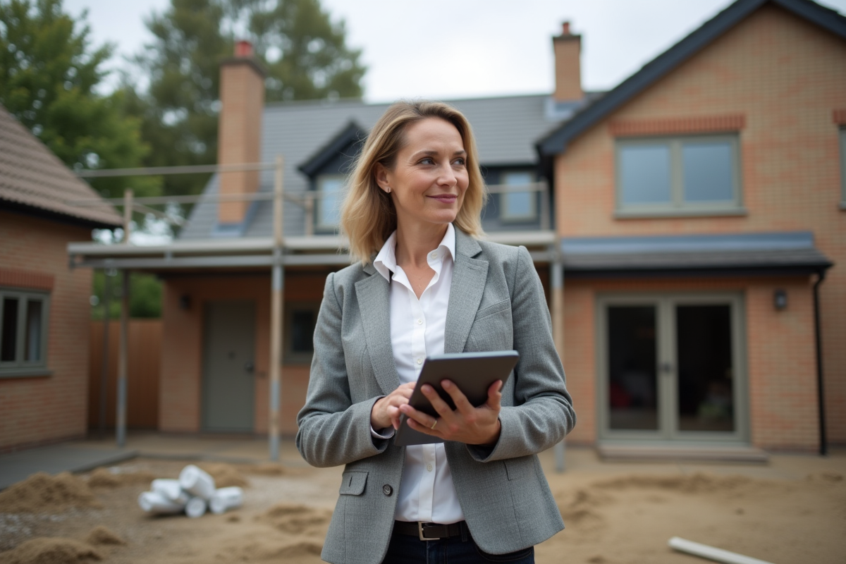 Architecte féminine contrôlant l avancement d une construction