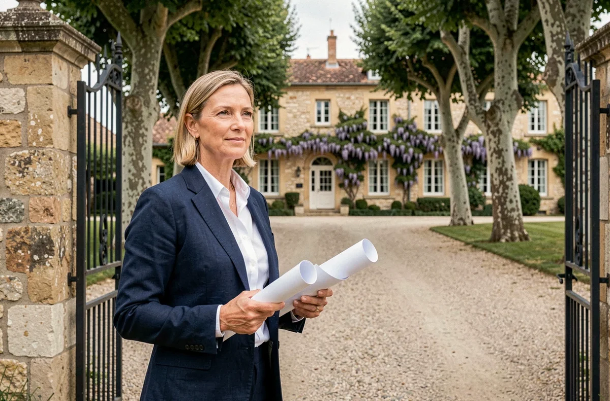 Architecte immobilier devant l'entrée d'une villa de luxe provençale avec allée de platanes et manoir en pierre