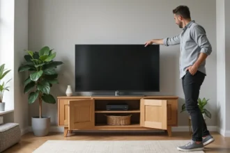 Homme ouvrant une armoire TV en bois dans un salon lumineux