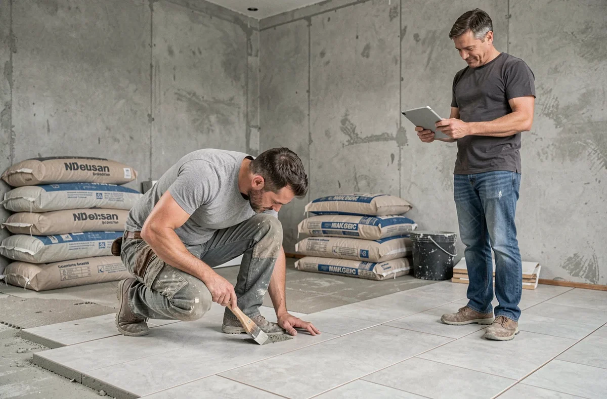 Artisan carreleur et propriétaire examinant un devis sur tablette lors d'une rénovation d'appartement
