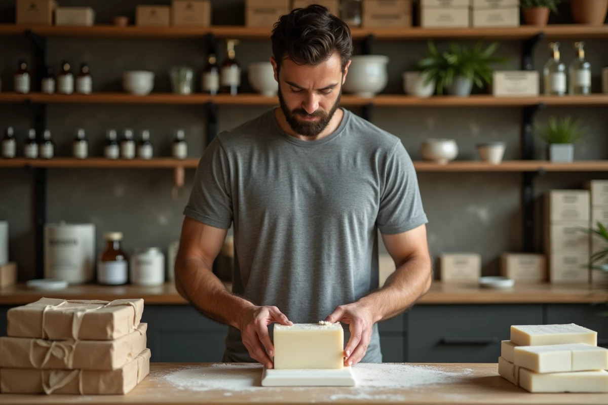 Artisan savonnier démoulant un pain de savon refondu dans un atelier artisanal, processus de remoulage et reformulation de savon naturel
