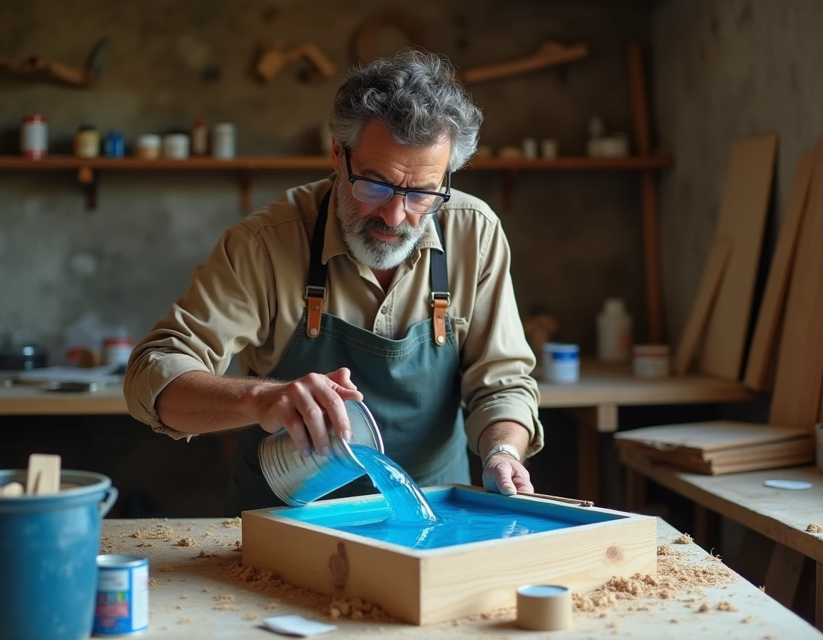 Artisan français versant de la résine bleue dans un moule en bois dans son atelier de fabrication artisanale de tables