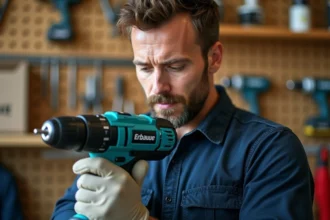 Artisan inspectant une perceuse sans fil Erbauer dans un magasin de bricolage, évaluant la qualité de l'outil professionnel