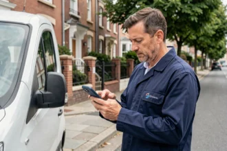 Artisan plombier recherchant un client via une application de mise en relation sur smartphone devant son véhicule de travail