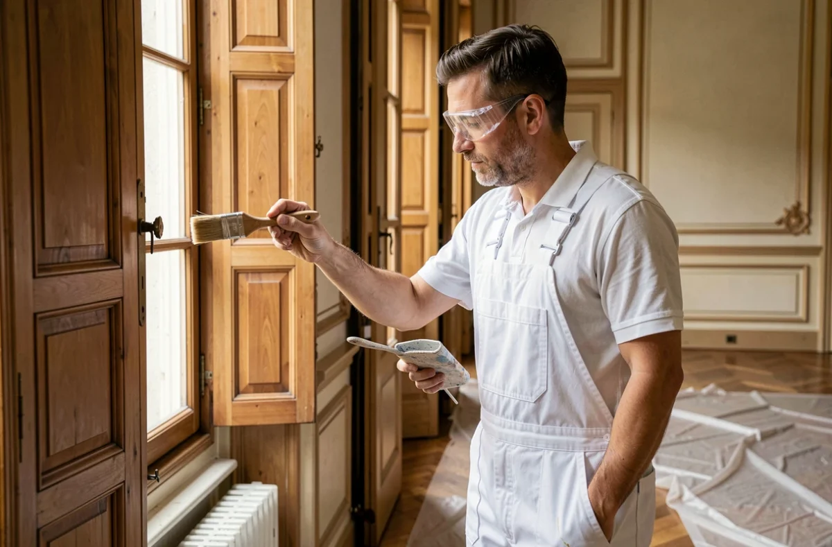 Peintre artisan appliquant une finition décorative sur des boiseries dans un appartement à Compiègne