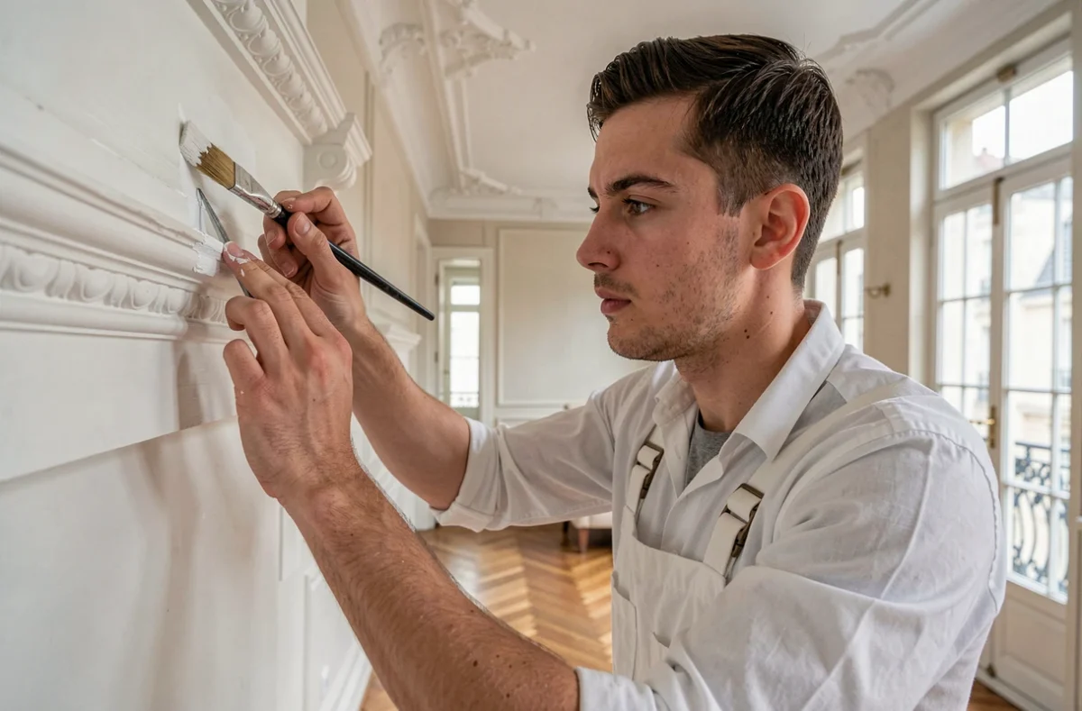 Artisan peintre réalisant des finitions soignées sur une corniche dans un appartement nantais