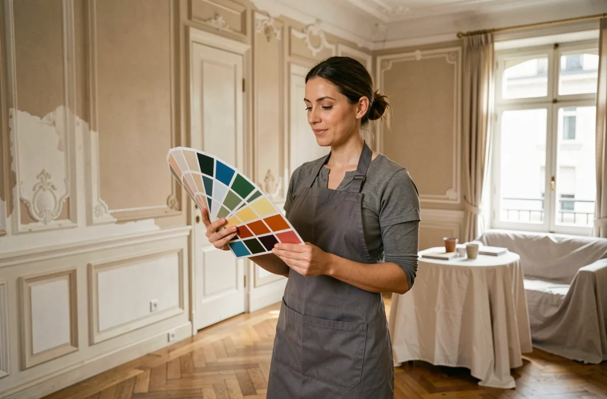Décoratrice professionnelle choisissant des couleurs pour un intérieur élégant à Beauvais