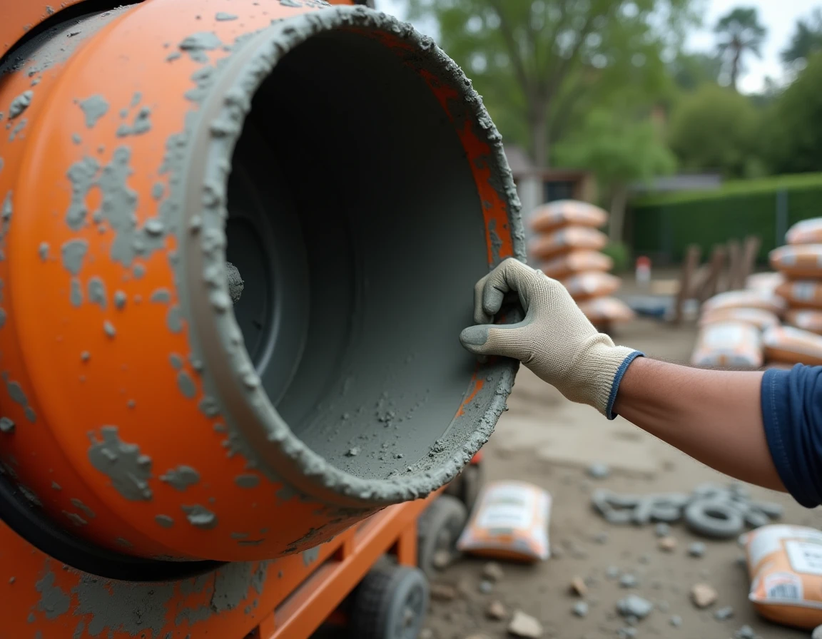Bétonnière en fonctionnement sur un chantier de terrasse avec sacs de ciment et matériaux de construction