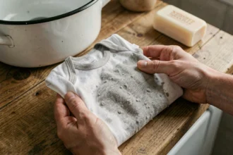 Mains tenant un body bébé blanc devenu gris posé sur une table à langer en bois