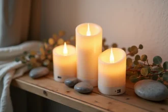 Comparaison de bougies à fausse flamme à piles et rechargeables posées sur une étagère en bois rustique avec décoration naturelle
