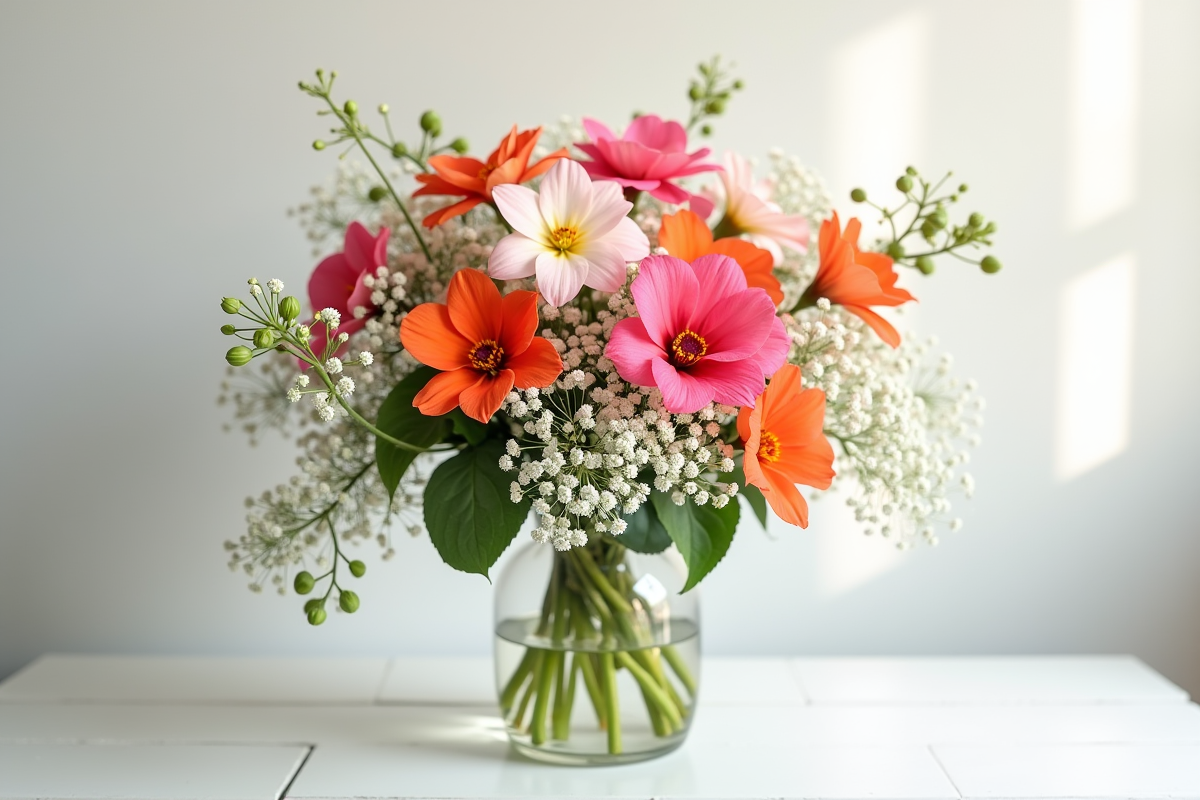 Bouquet de begonia et gypsophile sur table blanche