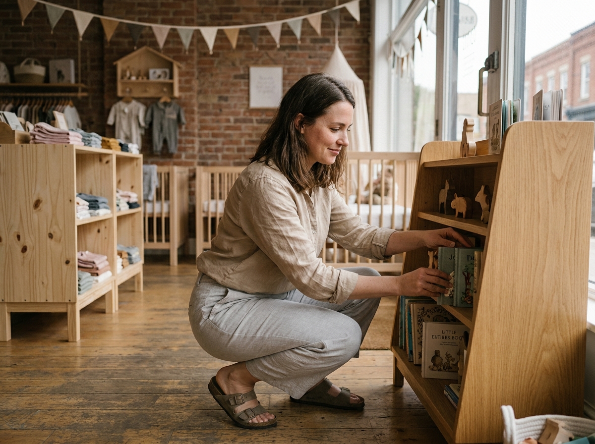 Femme choisissant des meubles enfant en bois dans une boutique spécialisée en mobilier naturel pour bébé