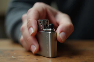 Briquet de poche compact tenu à la main, finition métal brossé argenté avec gravures décoratives