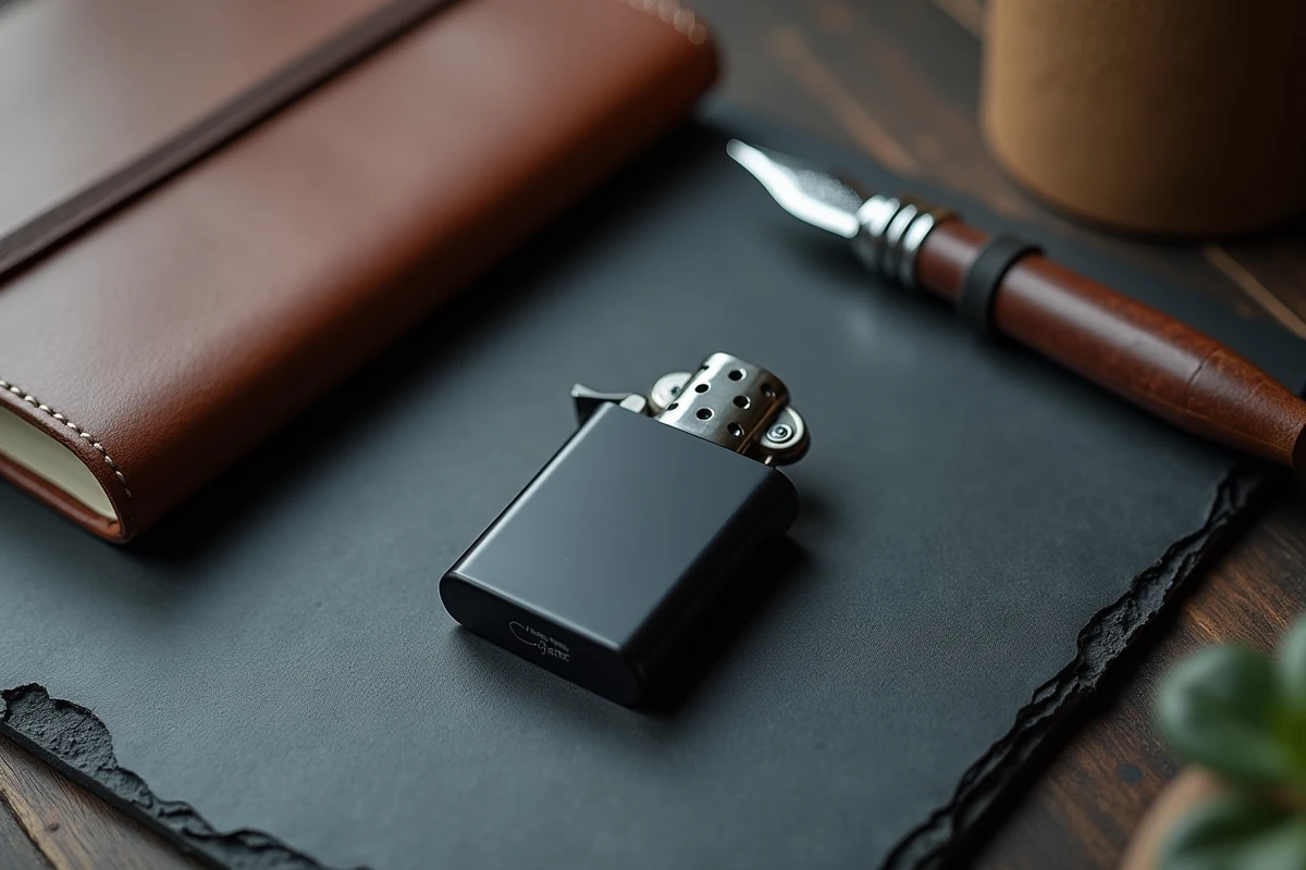 Briquet de poche élégant posé sur ardoise avec carnet en cuir et stylo plume, vue de dessus