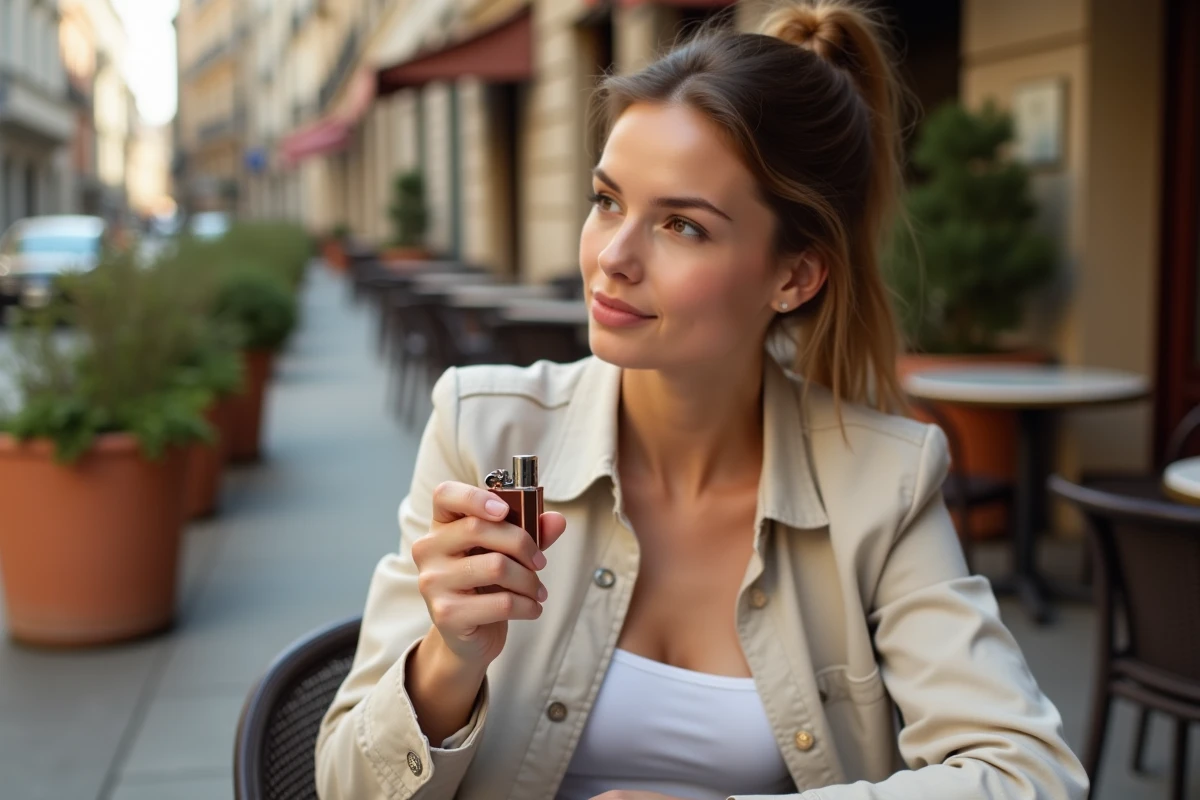 Femme tenant un briquet de poche rose gold en terrasse de café, style urbain élégant