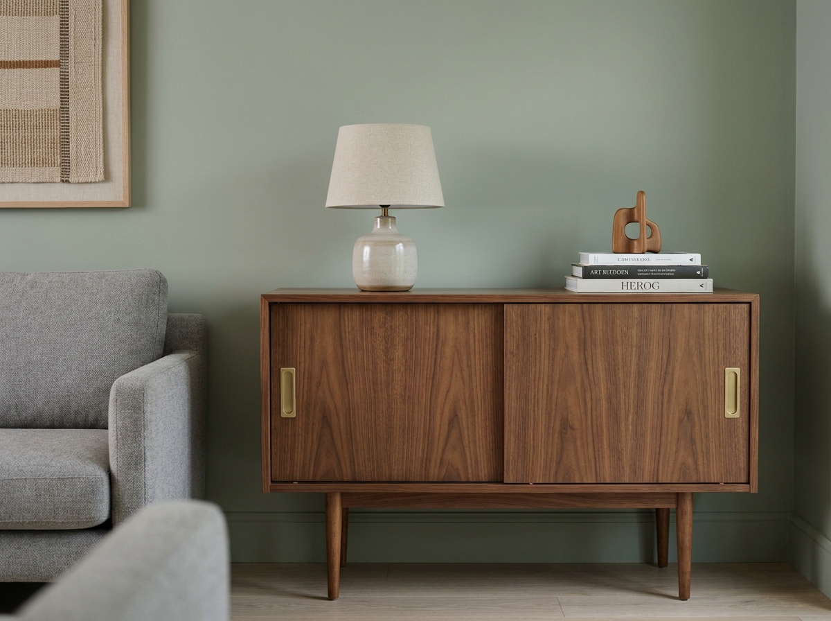 Buffet en bois noyer style mid-century modern avec pieds effilés et poignées en laiton dans un salon contemporain