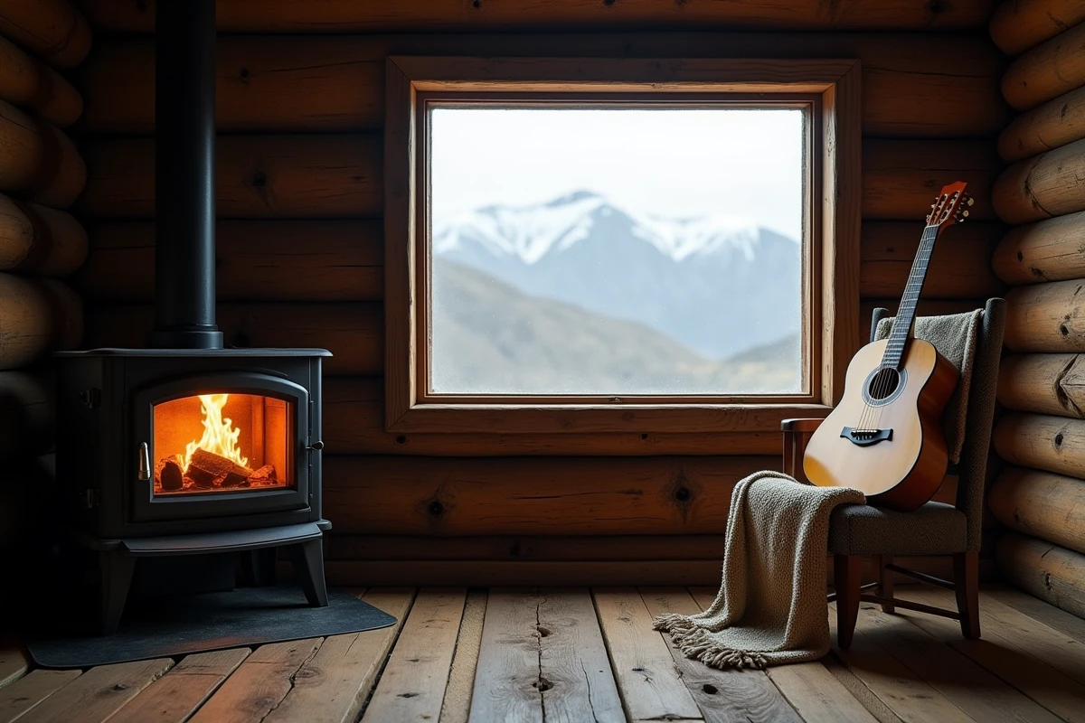 Intérieur rustique d'un chalet patagon avec guitare acoustique et poêle en fonte, évoquant la vie simple et créative loin du monde