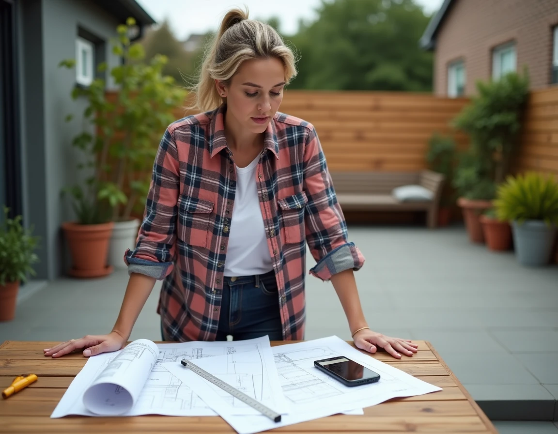 Femme consultant des plans de terrasse et calculant le volume de béton nécessaire sur une dalle extérieure