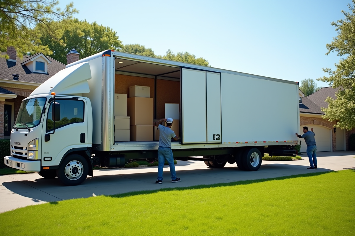 Camion de déménagement garé devant une maison ensoleillée