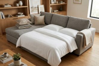 Canapé convertible déplié en lit d'appoint dans un salon moderne et fonctionnel avec parquet en chêne et étagères intégrées