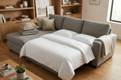 Canapé convertible déplié en lit d'appoint dans un salon moderne et fonctionnel avec parquet en chêne et étagères intégrées