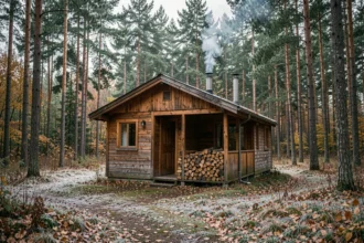 Petit chalet en bois habitable en forêt de pins en automne avec fumée de cheminée