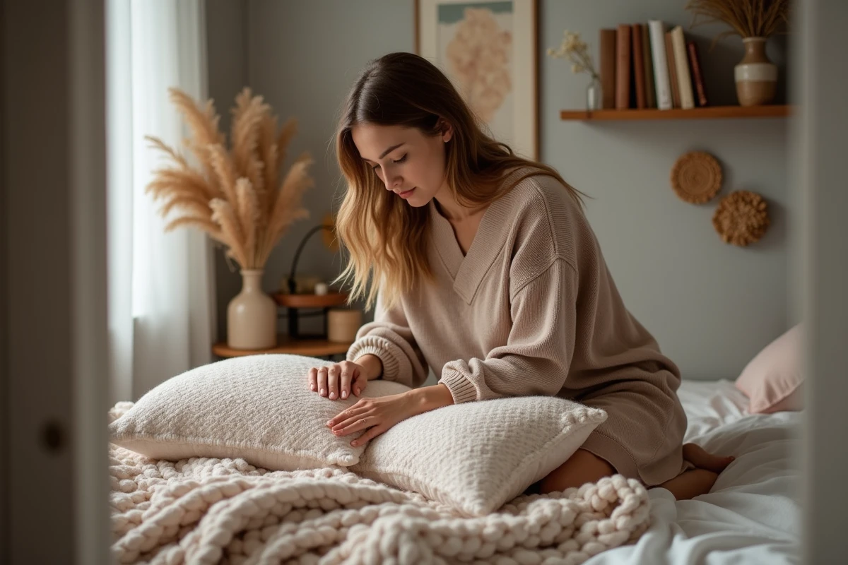 Femme arrangeant coussins dans une chambre chaleureuse