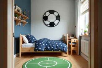 Chambre d'enfant décorée sur le thème du football avec mur graphique en noir et blanc, literie navy et tapis terrain de foot vert