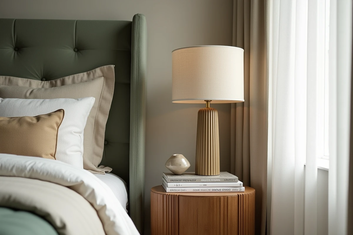 Chambre principale luxueuse avec tête de lit en lin sauge, literie texturée et table de chevet en chêne cannelé pour une décoration raffinée