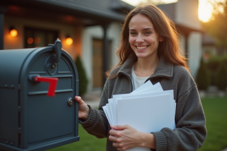 Personne souriante tenant des enveloppes et formulaires de changement d'adresse près d'une boîte aux lettres