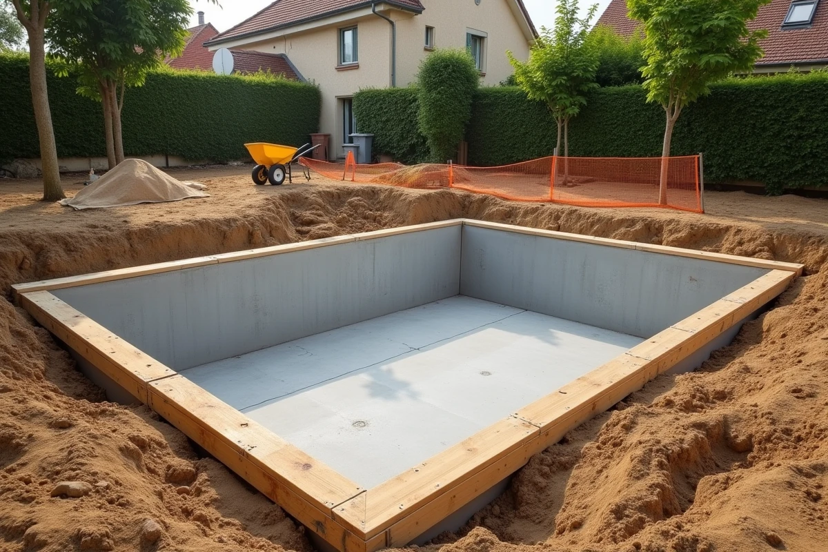 Chantier de construction d'une petite piscine enterrée dans un jardin de maison individuelle en zone pavillonnaire française
