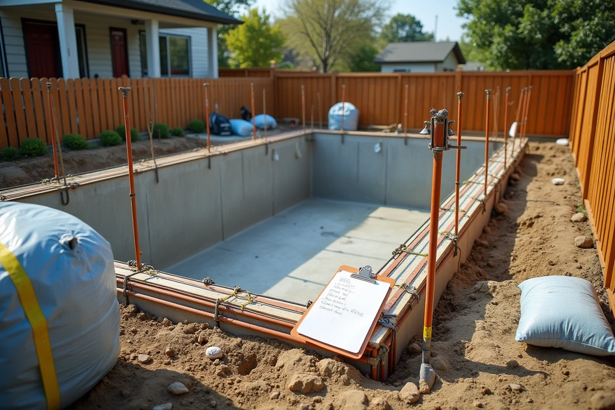 Chantier de construction de piscine avec ferraillage et coffrage, matériaux et clipboard de devis en premier plan