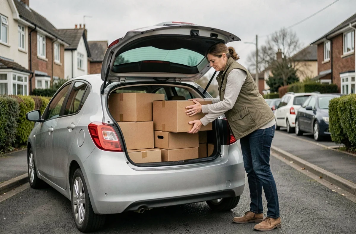 Femme chargeant des cartons gratuits dans son coffre de voiture pour un déménagement autonome