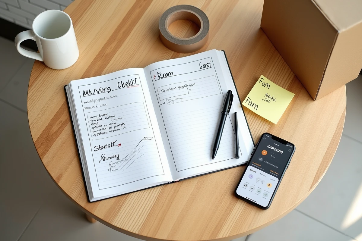 Vue du dessus d'une checklist de déménagement manuscrite sur une table avec ruban adhésif et smartphone