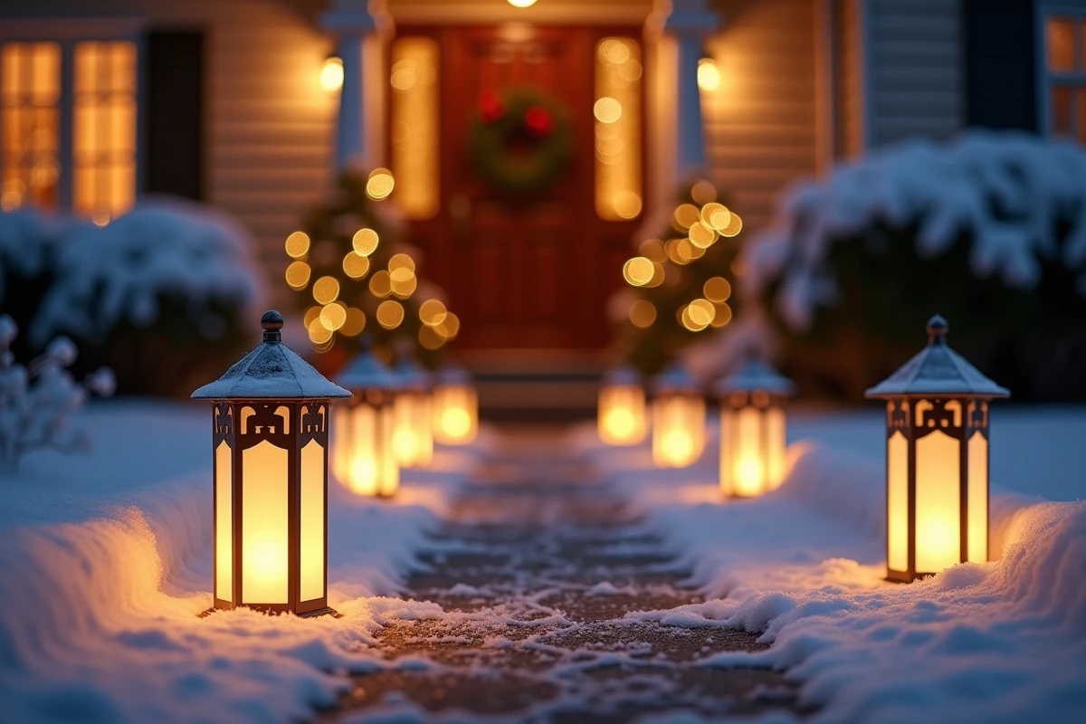 Chemin lumineux de Noël bordé de lanternes LED blanches chaudes dans un jardin enneigé menant à une maison décorée d'une couronne de sapin