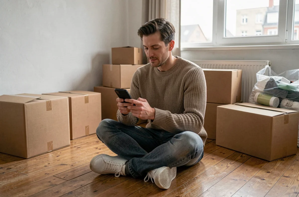 Personne cherchant des cartons gratuits sur une application mobile pour un déménagement en solo