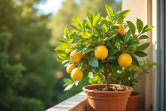Citronnier en pot sur balcon ensoleille avec citrons jaunes
