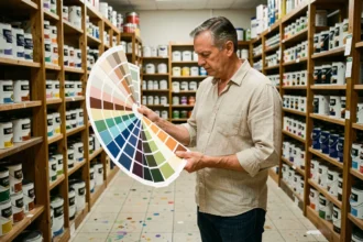 Client dans un magasin de peinture examinant des nuanciers de couleurs devant des rayons remplis de pots de peinture
