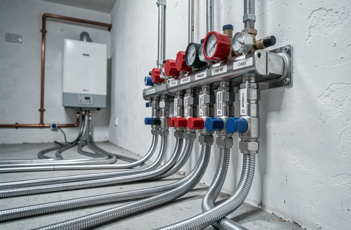 Collecteur de distribution en acier inoxydable pour un système de plancher chauffant hydraulique dans une chaufferie