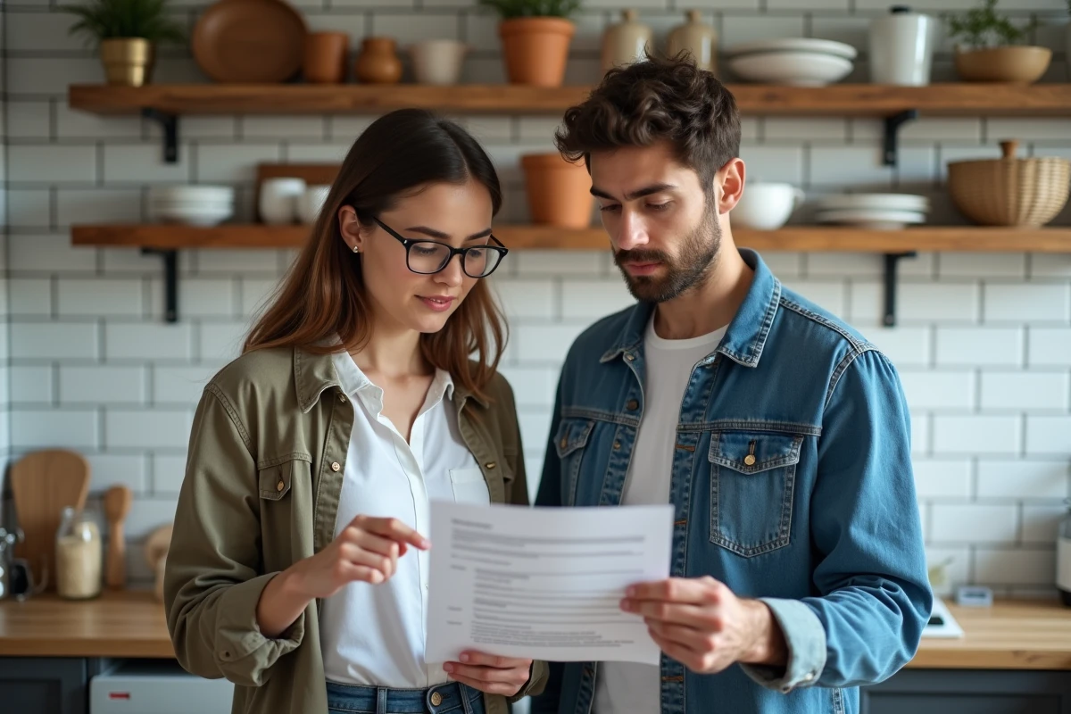 Deux colocataires étudiants discutant d'une assurance habitation MACIF dans leur cuisine partagée