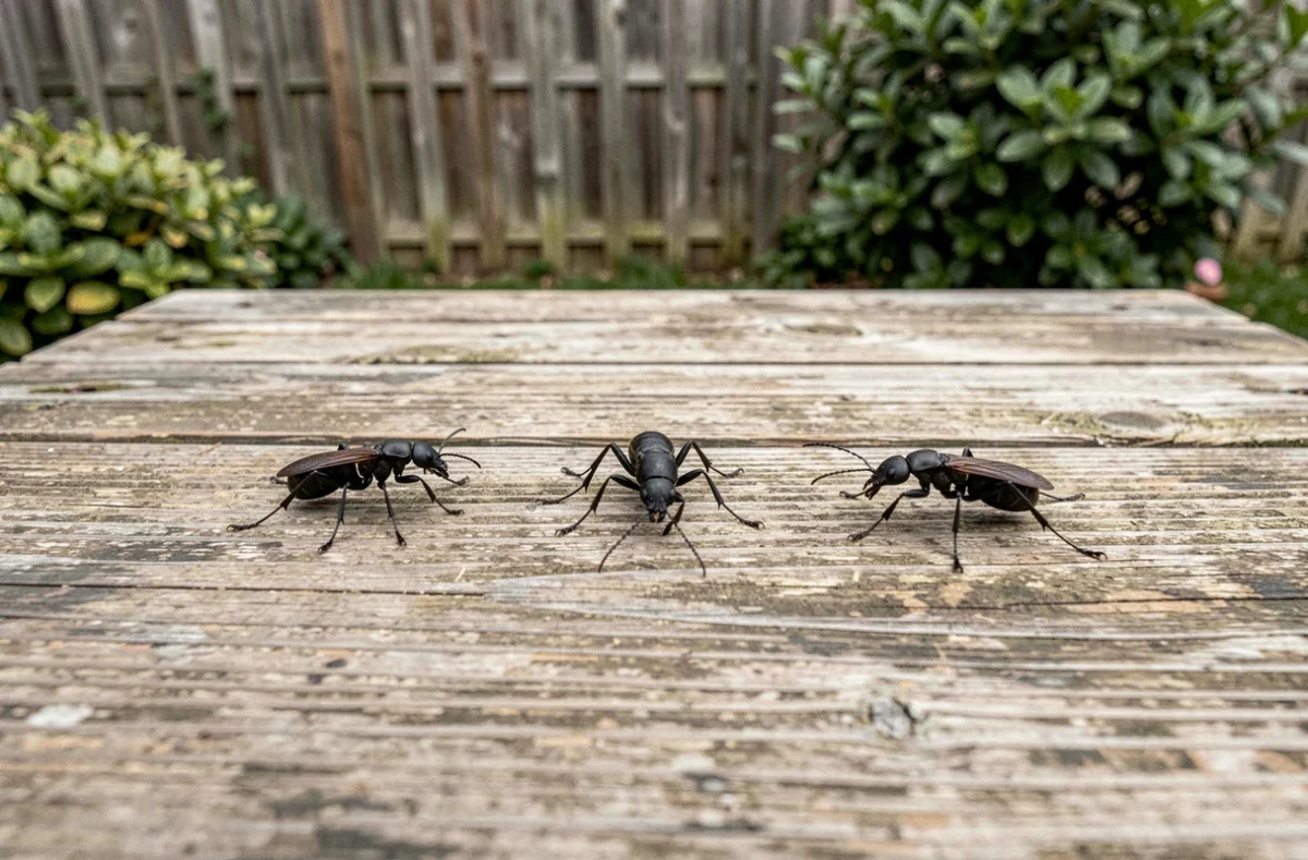 Comparaison de plusieurs petites espèces d'insectes noirs posés sur une table en bois pour identification