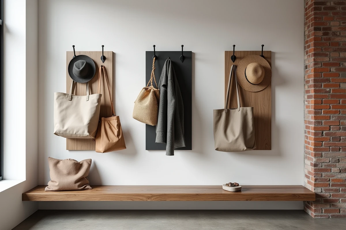 Trois modèles de patères murales différentes installées côte à côte dans un couloir style loft urbain avec mur en brique et sol en béton