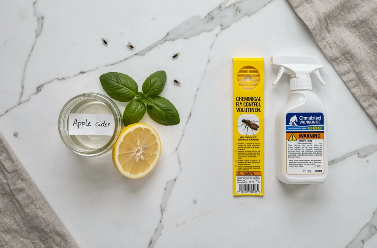 Comparaison côte à côte d'un piège vinaigre naturel et de produits chimiques anti-mouches sur un fond marbre blanc