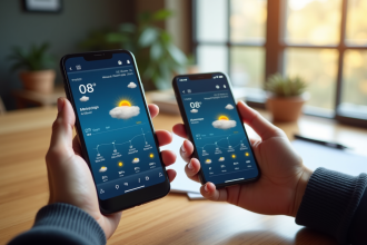 Personne comparant deux applications météo sur un bureau